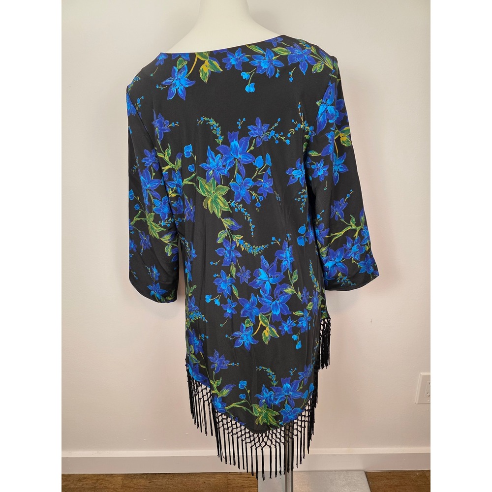 Maggie Sweet Black Blue Floral Tassel Drape Neck 3/4 Sleeve Tunic Top Large - Picture 2 of 7